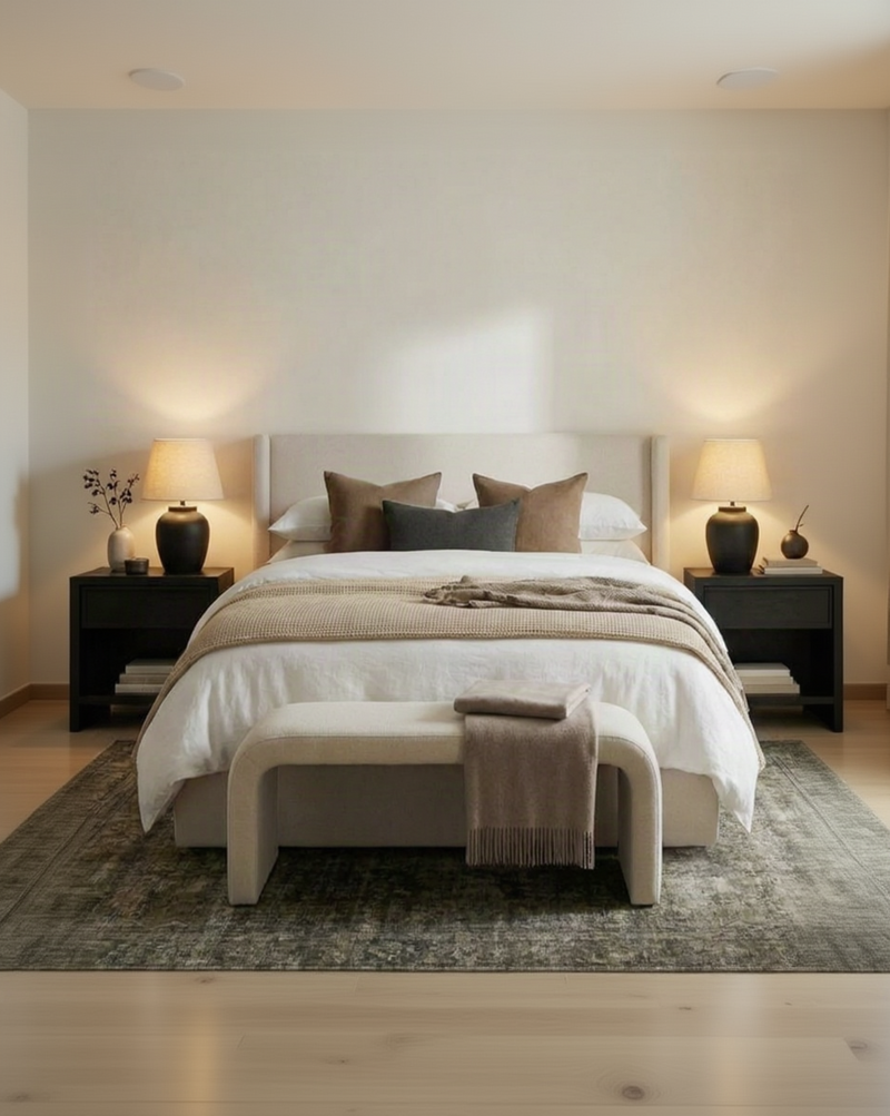 Upholstered Aura Lift Up Storage Bed in Butter Cream styled in a bedroom
