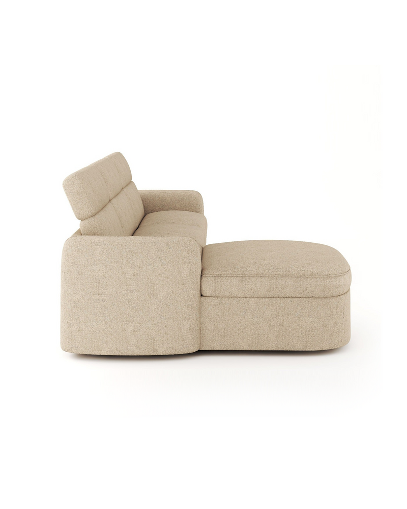 Upholstered Araam Sectional sectional sofa, side profile showing frame depth