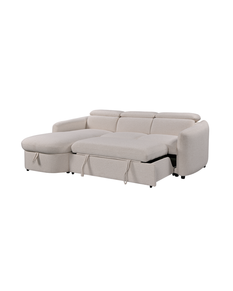 Upholstered Araam Sectional sectional sofa in Oatstone, left facing, three quarter view with the bed pulled out