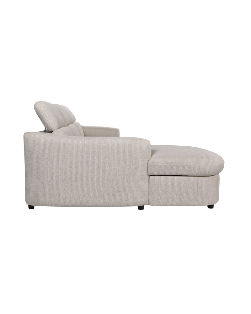 Upholstered Araam Sectional sectional sofa in Oatstone, left facing, side profile showing frame depth