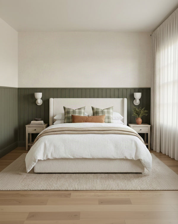 Aura Lift Up Storage Bed in Cream Linen styled in a bedroom