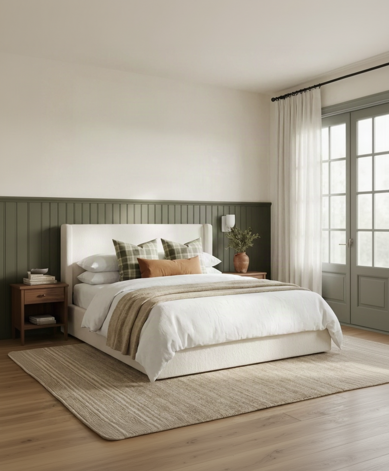 Aura Lift Up Storage Bed in Cream Linen in a bedroom with natural light
