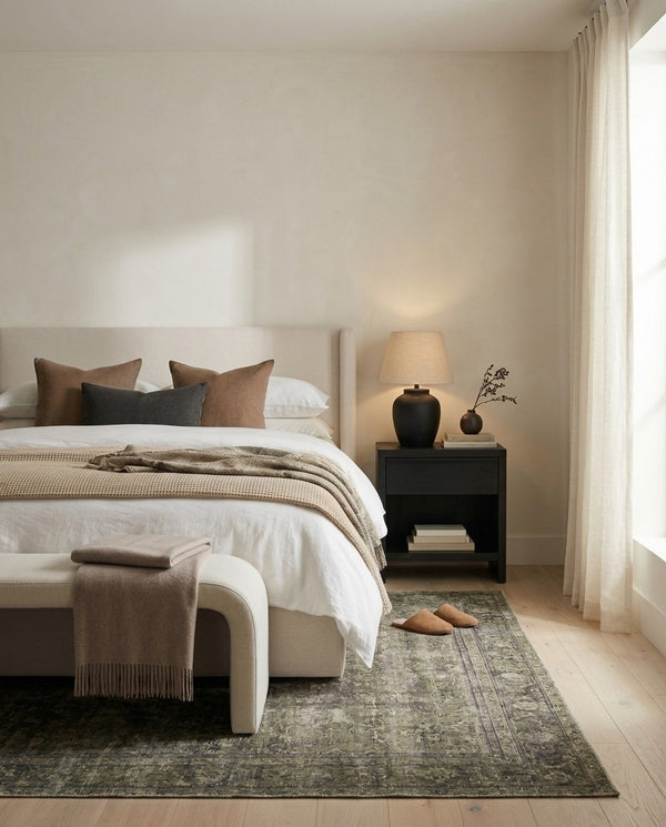 Upholstered Aura Lift Up Storage Bed in Butter Cream in a made-up bedroom