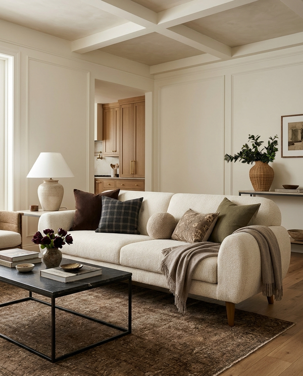 Upholstered Calia Sofa in an open-plan living room