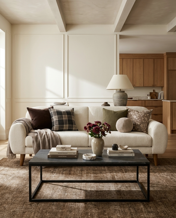 Upholstered Calia Sofa styled in a living room, view 2