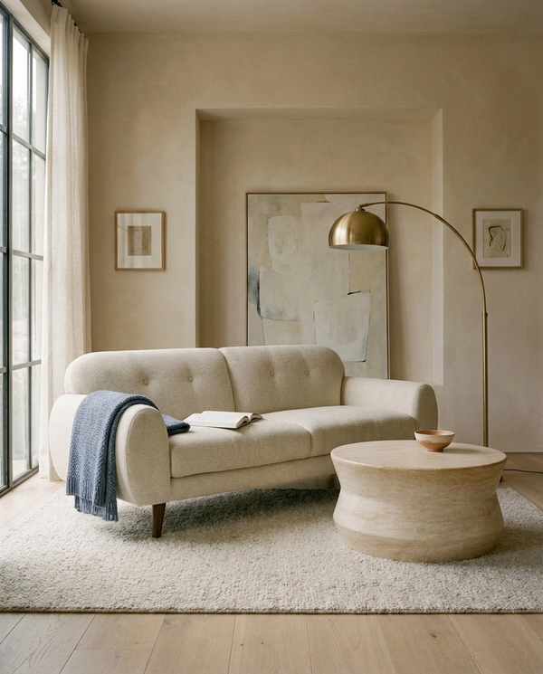 Upholstered Calia Sofa in a living room with natural light