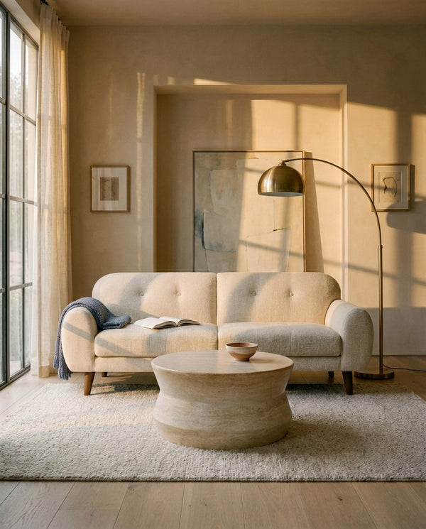 Upholstered Calia Sofa styled with a coffee table