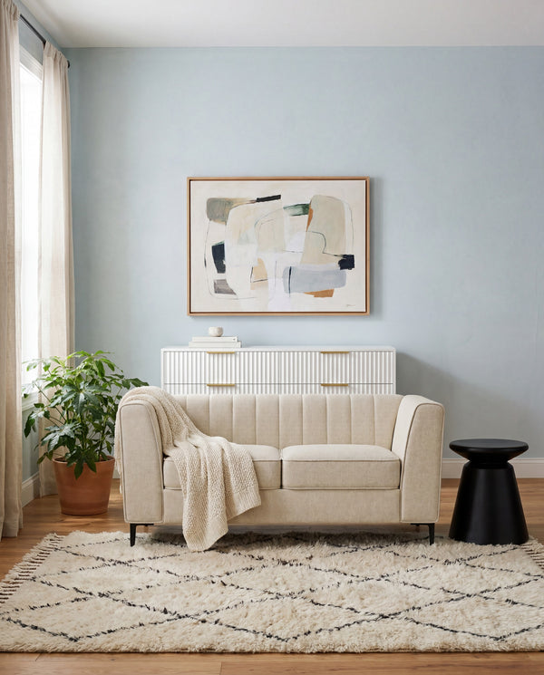 Enigma Loveseat in Oat Linen in a living room with natural light