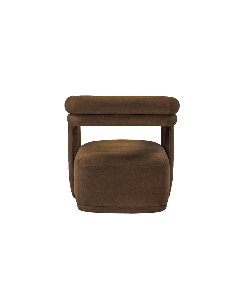 Upholstered Fior Armchair in Warm Espresso, back view showing the finished reverse