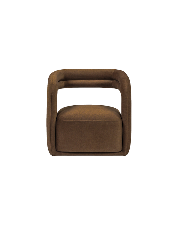 Upholstered Fior Armchair in Warm Espresso, front view with sculptural wrapped arms