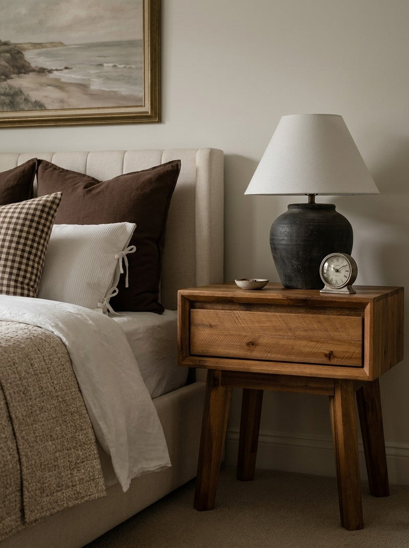 Homestead 1 Drawer Nightstand in Warm Pecan styled in a bedroom