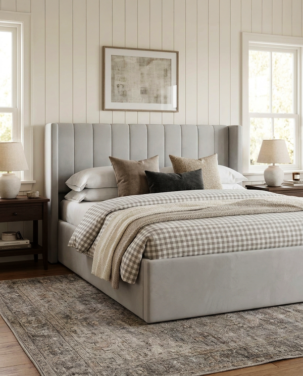 Jenny Lift Up Storage Bed in Dove Grey Velvet in a bedroom with natural light