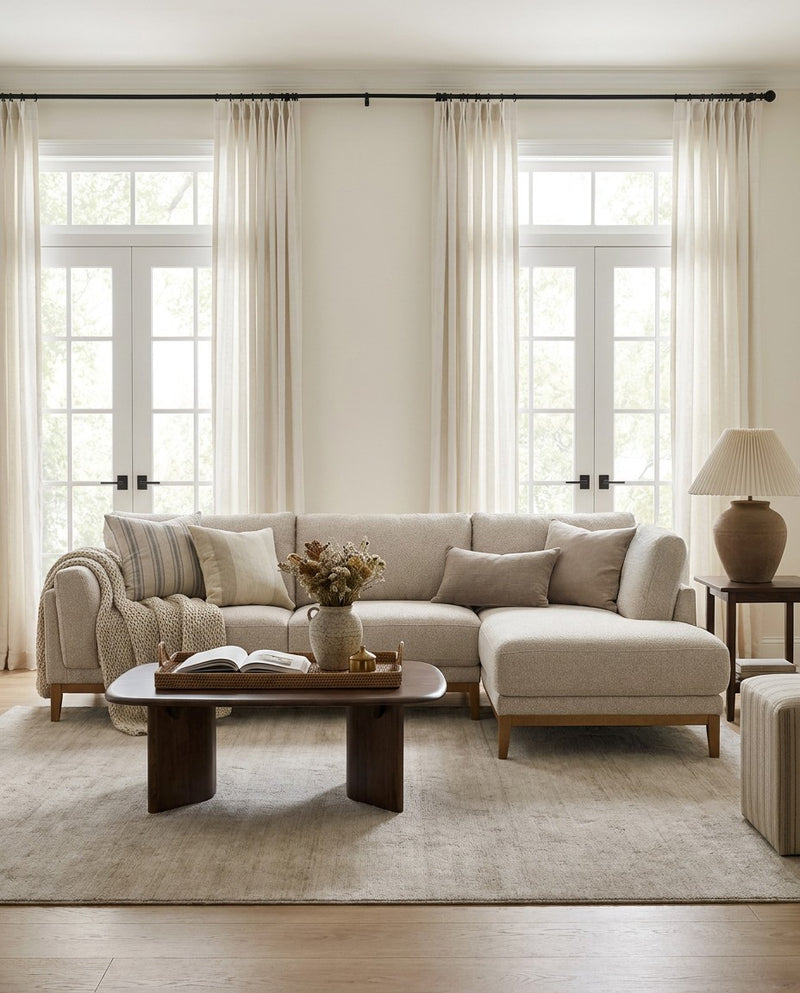 Upholstered Liva Sectional sectional sofa in Natural Dune styled in a living room