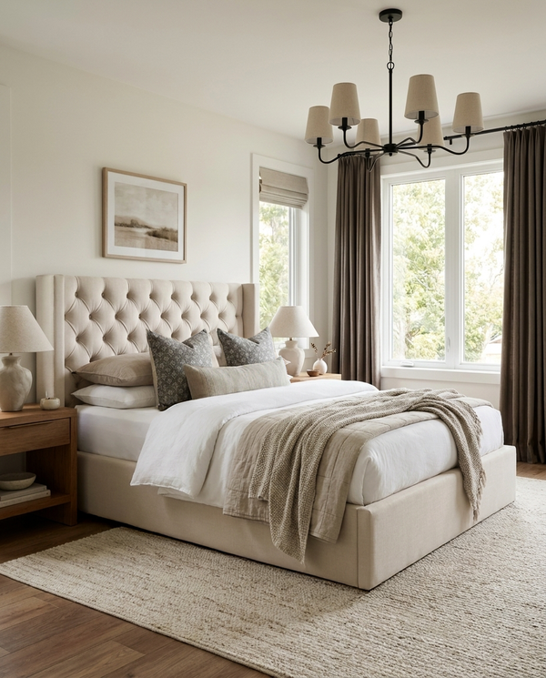 Upholstered Nora Lift Up Storage Bed in a bedroom with natural light
