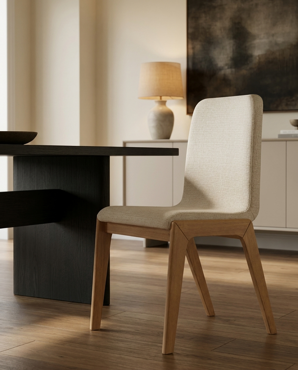 Upholstered Tova Dining Chair styled in a dining room