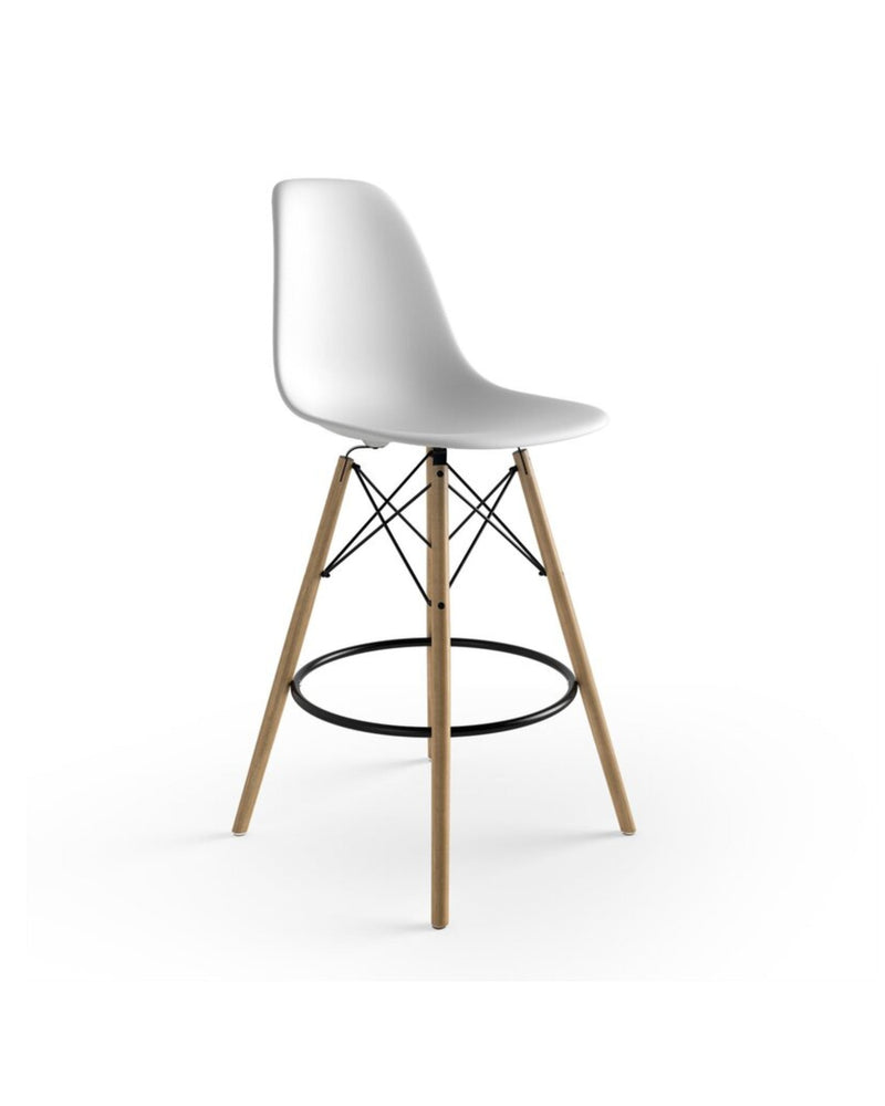 Metal Eiffel White Counter Stool, three-quarter view with splayed wooden legs