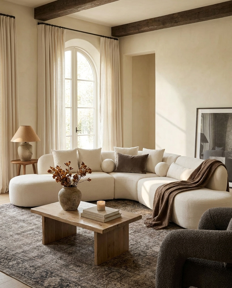 Aykah Elaan Sectional in White Chocolate, styled in a sunlit living room