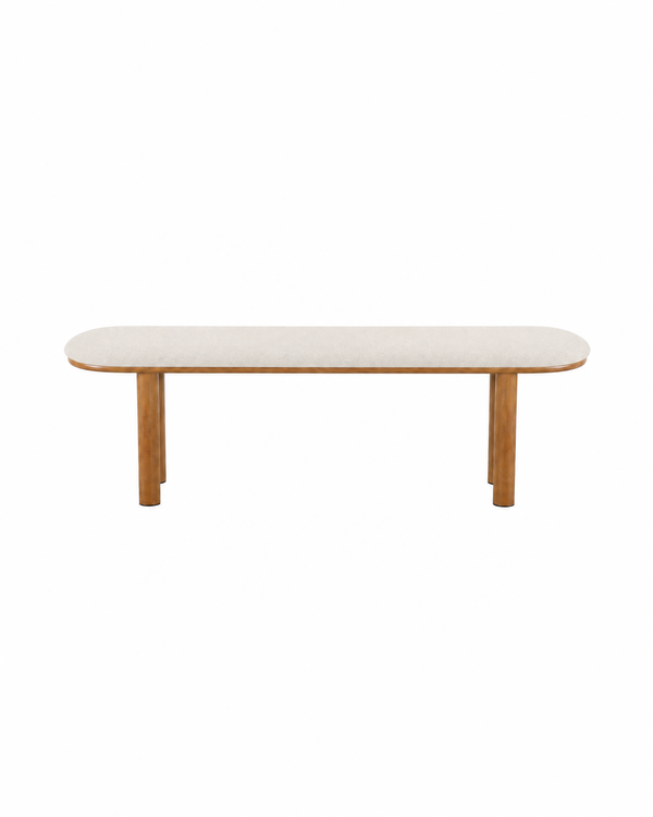 Ella Bench in Almond Cream with Oak-finish metal legs, front view