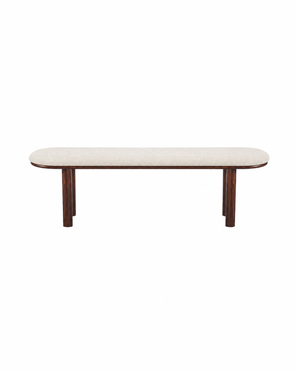 Ella Bench in Almond Cream with Walnut-finish metal legs, front view