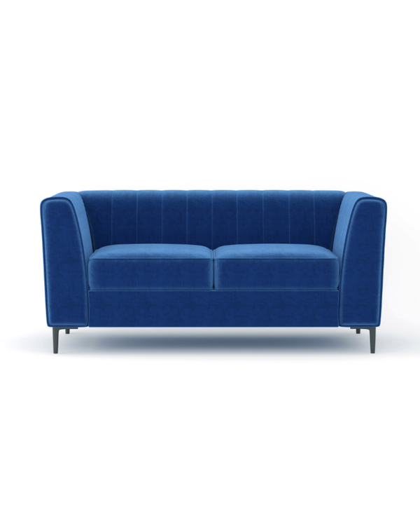 Enigma Loveseat in Blue Velvet, front view with supportive cushions