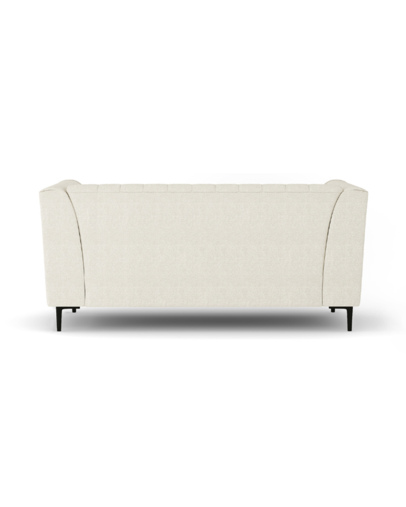 Enigma Loveseat in Oat Linen, back view showing the finished reverse
