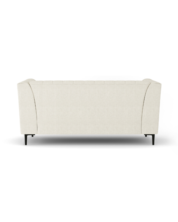 Enigma Loveseat in Oat Linen, back view showing the finished reverse