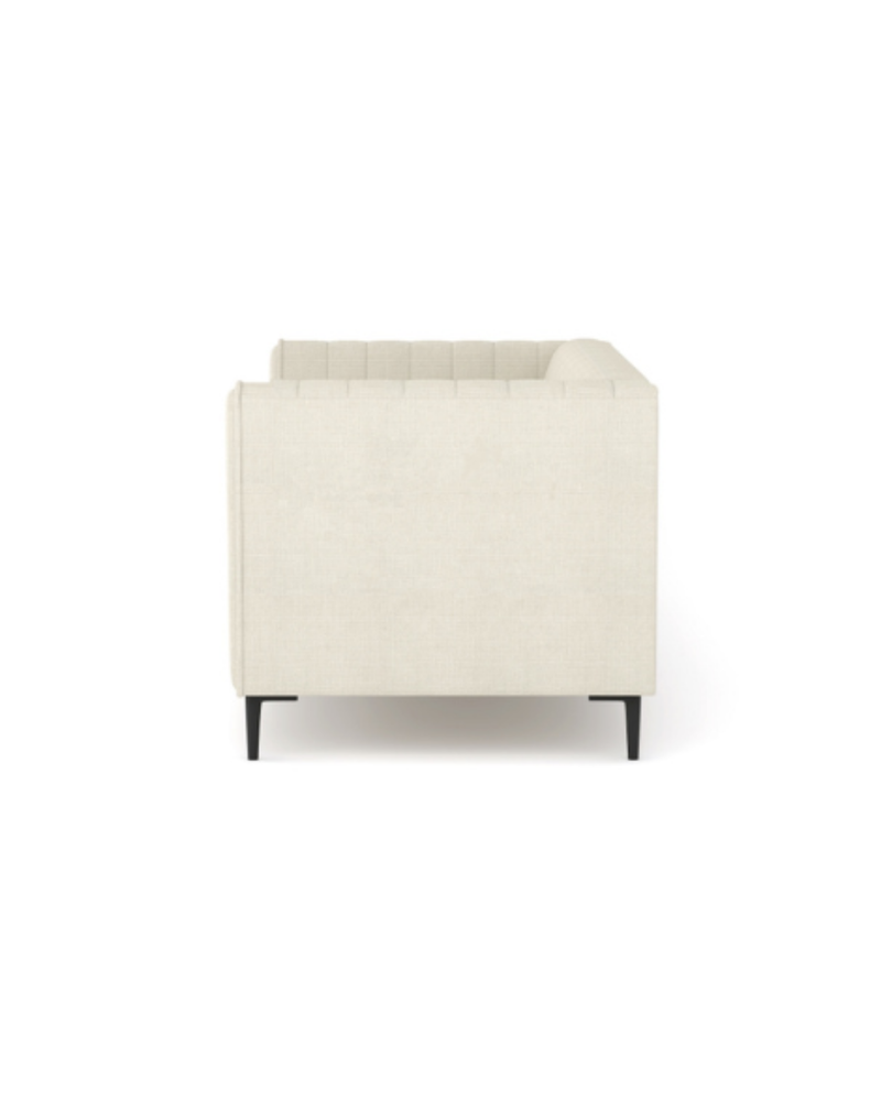 Enigma Loveseat in Oat Linen, side profile showing the supportive cushions