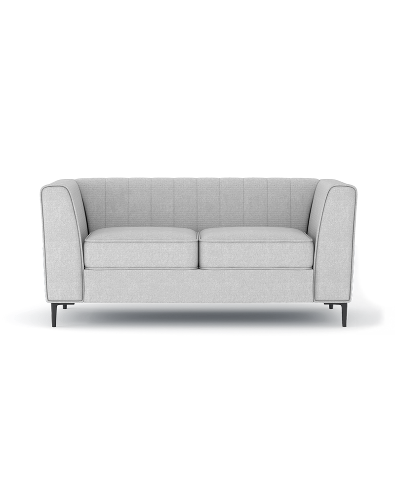 Enigma Loveseat in Oyster, front view with supportive cushions