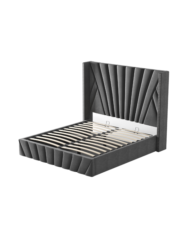 Fez Lift Up Storage Bed in Velvet Smoke internal frame and slat construction
