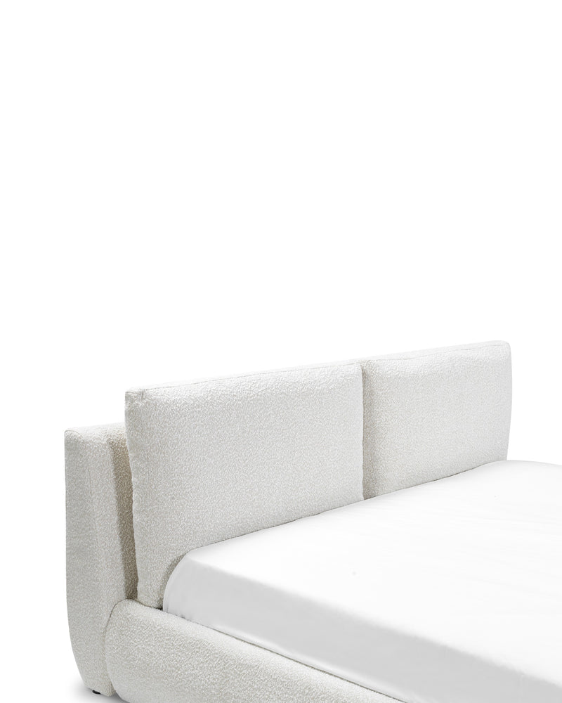 Aykah upholstered Halo Bed in Oyster, close-up of the base and feet
