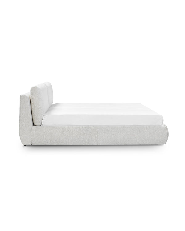Aykah upholstered Halo Bed in Oyster, side profile showing depth