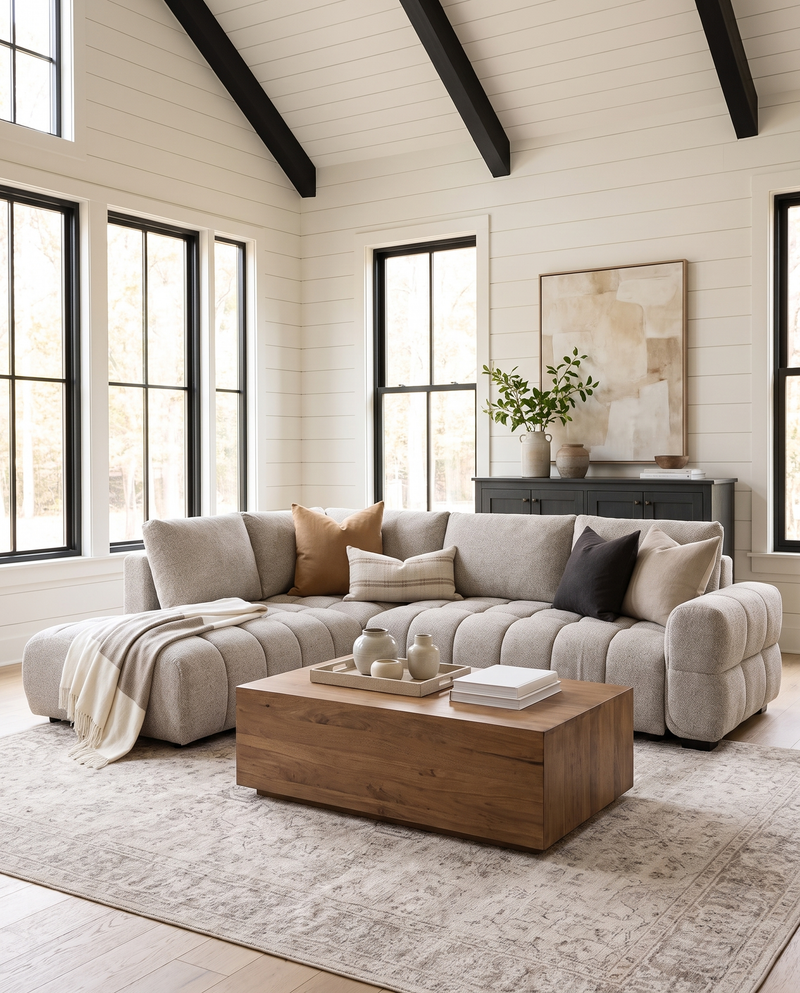 Aykah chenille Harmony Sectional in Oat Tweed, styled in a living room with tall windows