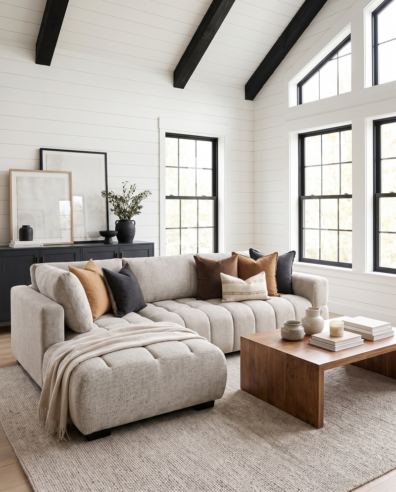 Aykah chenille Harmony Sectional in Oat Tweed, styled in a sunlit living room with white walls