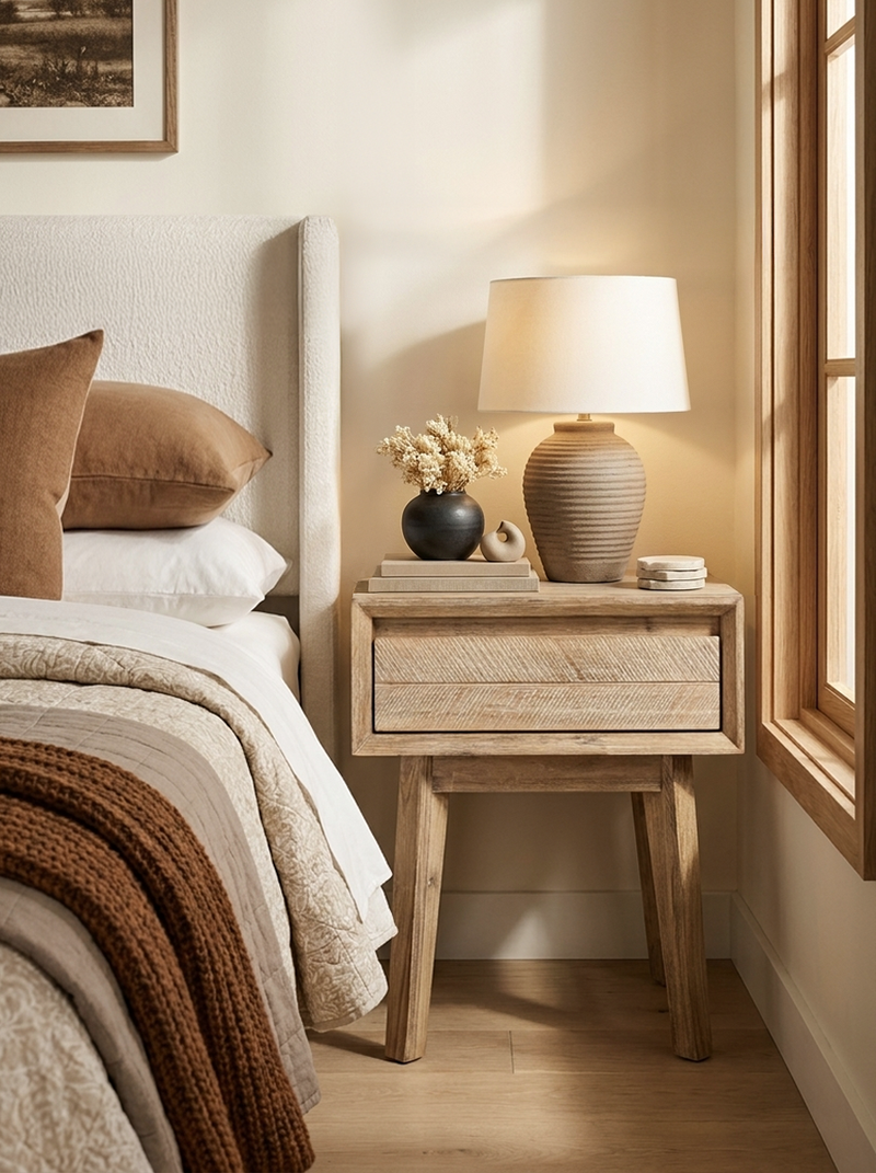 Homestead 1 Drawer Nightstand, styled in a room