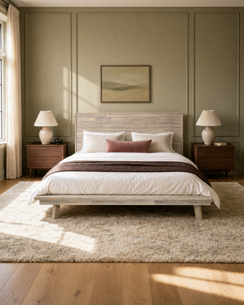 Homestead Bed in Light Driftwood, styled in a bedroom, view 2