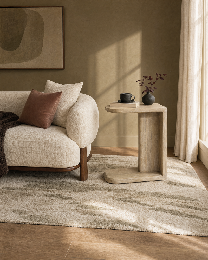 Homestead C-Shaped Side Table in Light Driftwood, styled in a living room, view 2