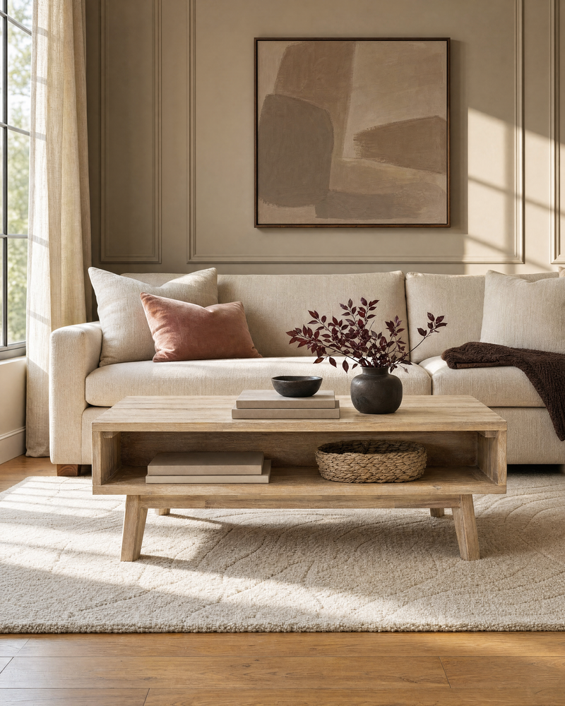 Homestead Coffee Table in Light Driftwood, styled in a living room