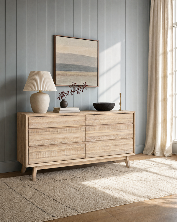 Homestead Dresser in Light Driftwood, styled in a bedroom