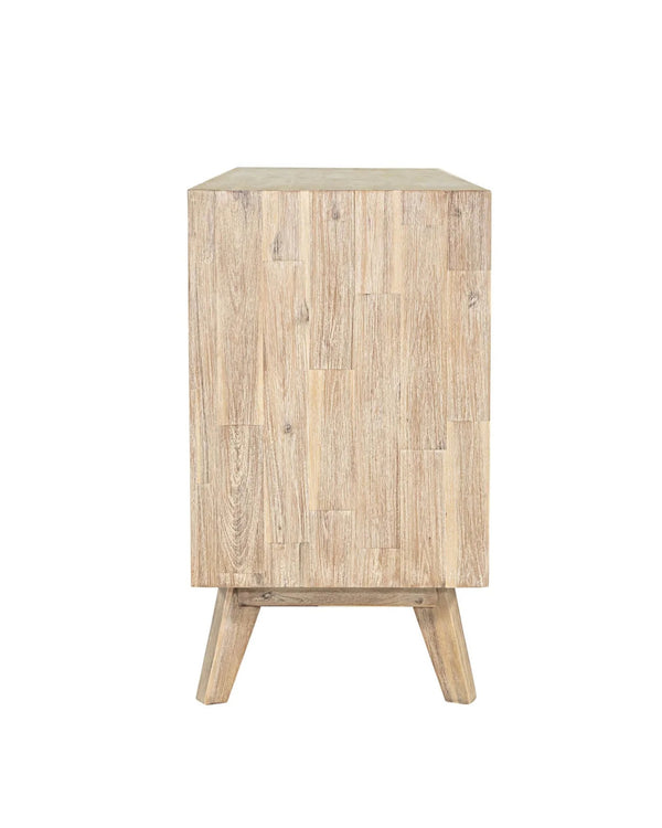 Acacia Homestead Sideboard in Light Driftwood, side profile showing the three drawers, three doors