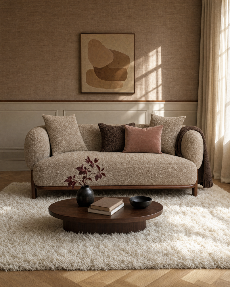 Hugo Loveseat in Praline Creme, styled in a living room