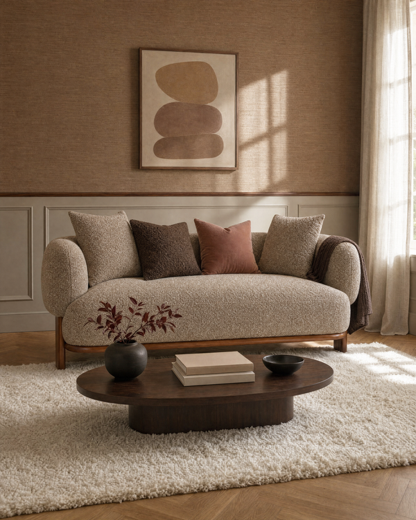 Hugo Loveseat in Praline Creme, styled in a living room, view 2