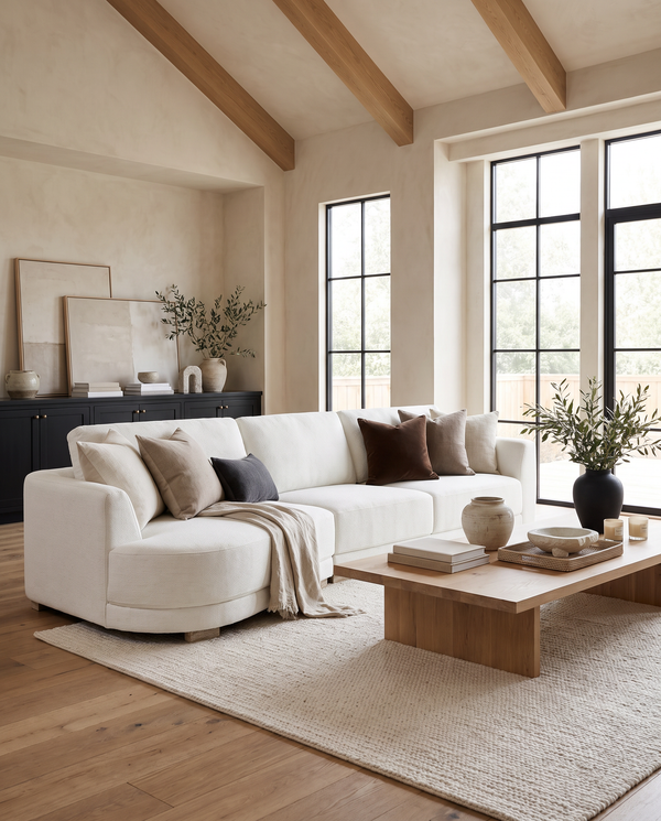 Aykah Juliette Sectional in cream, styled in a living room