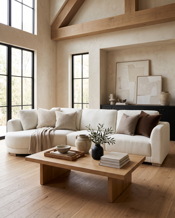 Aykah Juliette Sectional in cream, styled in a living room