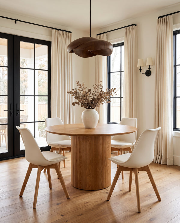 Lark Dining Table in Oak, styled in a dining room
