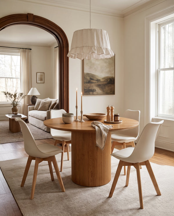 Lark Dining Table in Oak, styled in a dining room