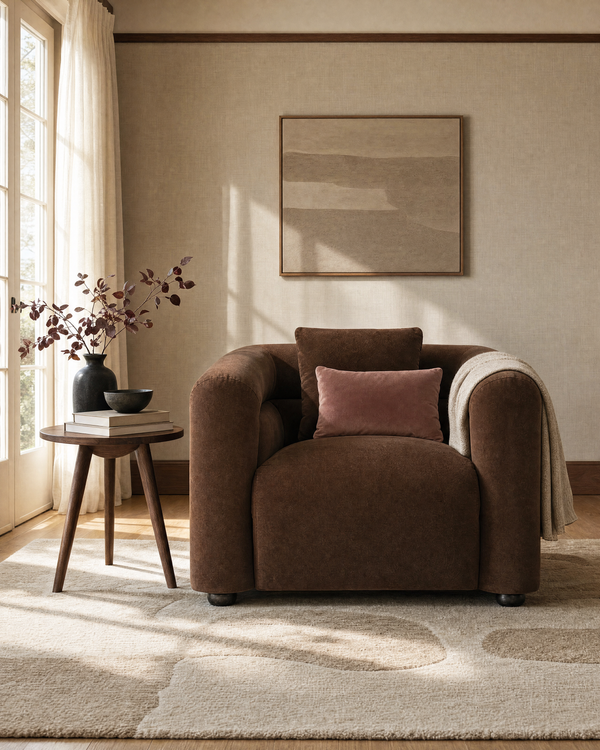 Lillian Armchair in Warm Espresso, styled in a living room