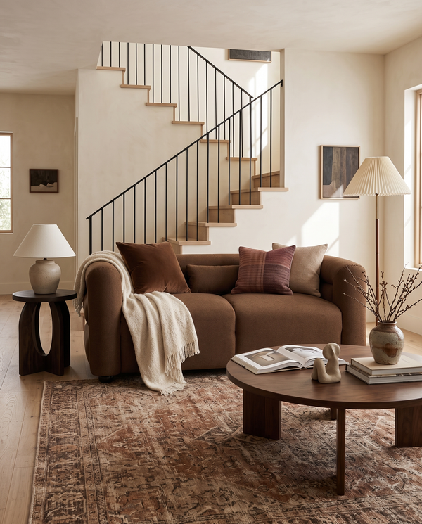 Lillian Loveseat in warm espresso, styled in a room