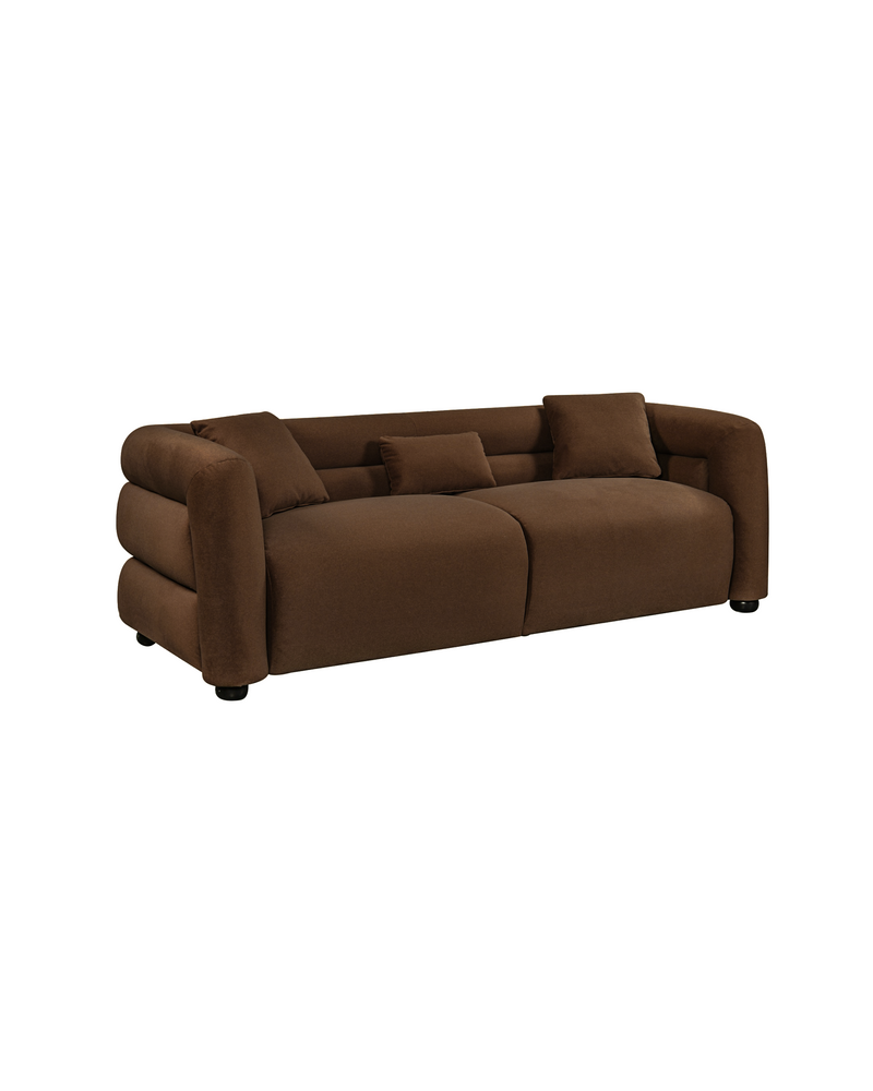 Aykah velvet-feel Lillian Sofa in Warm Espresso, three-quarter view