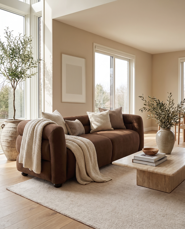 Lillian Sofa in warm espresso, styled in a room