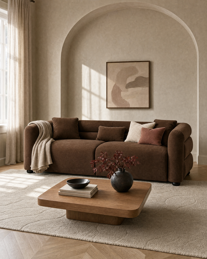 Lillian Sofa in Warm Espresso, styled in a living room